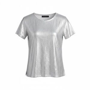 Norma Kamali Metallic Silver Short Sleeve Scoop Neck T Shirt Top Size Small